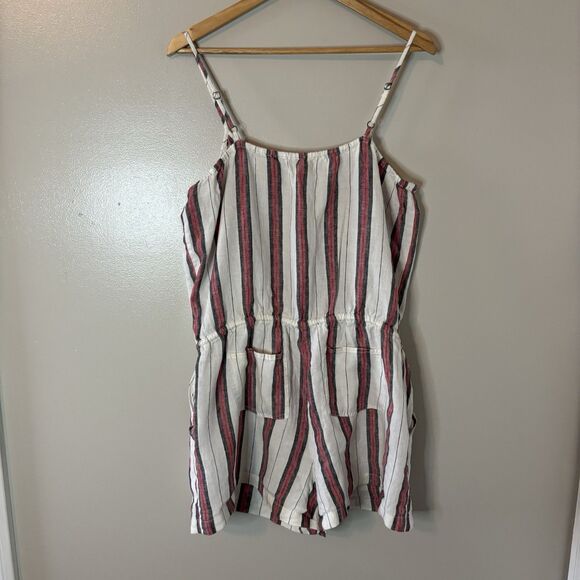 Lou & Grey 100% Linen Romper Sleeveless Shorts Cinch Waist Ivory Red Stripe Sz L - Picture 6 of 9
